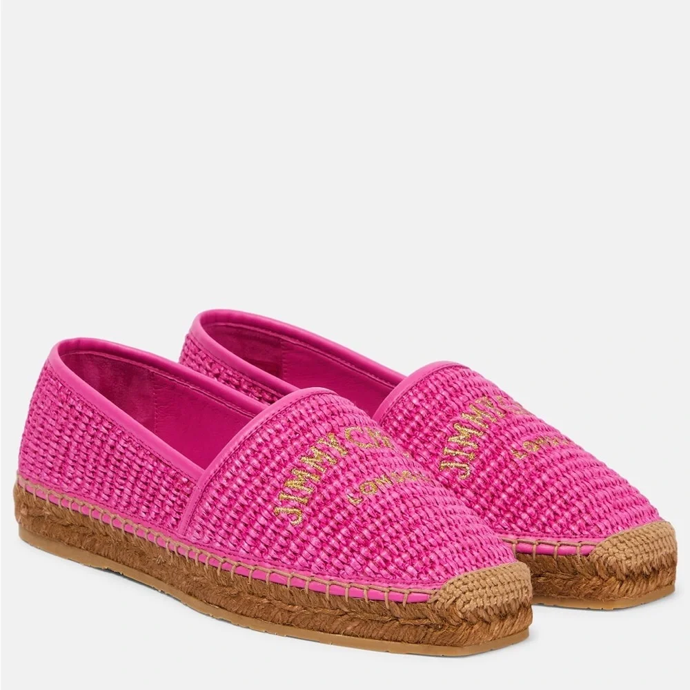 New JIMMY CHOO Brie Flat logo raffia espadrilles $595 37